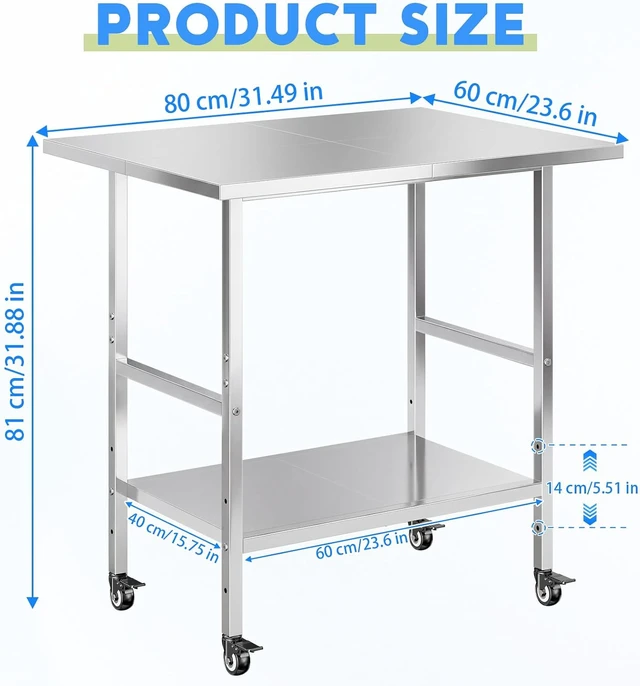 Alt view image 2 of 7 - NSF Stainless Steel Prep Table with Wheels, Commercial Worktable with 4 Casters & Brakes & Adjustable Undershelf, Heavy Duty Rolling Kitchen Island Cart for Restaurant, Home, Outdoor BBQ & Pizza Oven