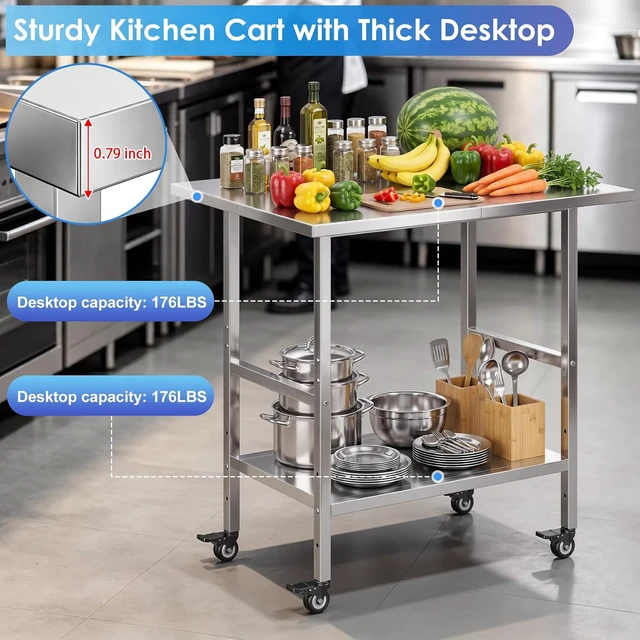 Alt view image 4 of 7 - NSF Stainless Steel Prep Table with Wheels, Commercial Worktable with 4 Casters & Brakes & Adjustable Undershelf, Heavy Duty Rolling Kitchen Island Cart for Restaurant, Home, Outdoor BBQ & Pizza Oven