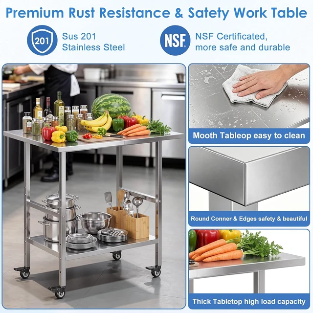 Alt view image 3 of 7 - NSF Stainless Steel Prep Table with Wheels, Commercial Worktable with 4 Casters & Brakes & Adjustable Undershelf, Heavy Duty Rolling Kitchen Island Cart for Restaurant, Home, Outdoor BBQ & Pizza Oven