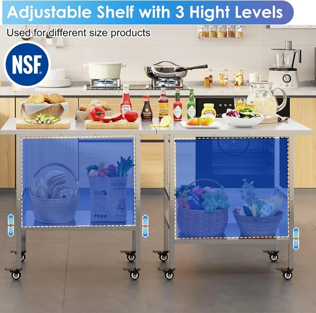 Alt view image 5 of 7 - NSF Stainless Steel Prep Table with Wheels, Commercial Worktable with 4 Casters & Brakes & Adjustable Undershelf, Heavy Duty Rolling Kitchen Island Cart for Restaurant, Home, Outdoor BBQ & Pizza Oven