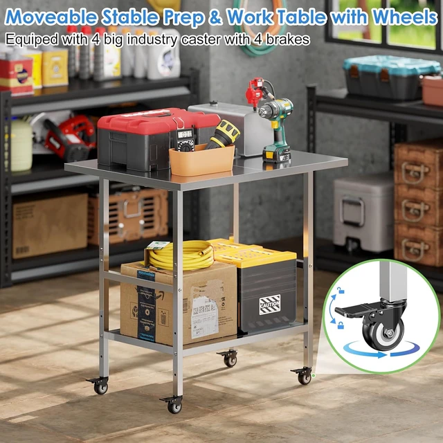 Alt view image 7 of 7 - NSF Stainless Steel Prep Table with Wheels, Commercial Worktable with 4 Casters & Brakes & Adjustable Undershelf, Heavy Duty Rolling Kitchen Island Cart for Restaurant, Home, Outdoor BBQ & Pizza Oven