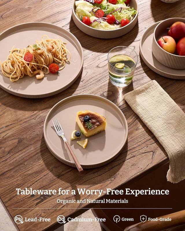 Alt view image 3 of 7 - Ceramic Plates and Bowls Set, Dinnerware Sets, Ribbed Dishes for 4