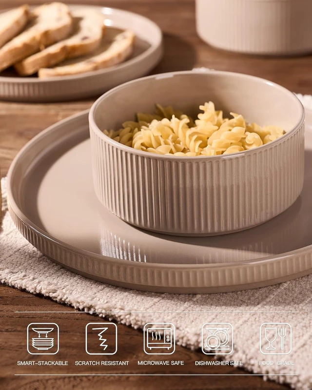Alt view image 4 of 7 - Ceramic Plates and Bowls Set, Dinnerware Sets, Ribbed Dishes for 4