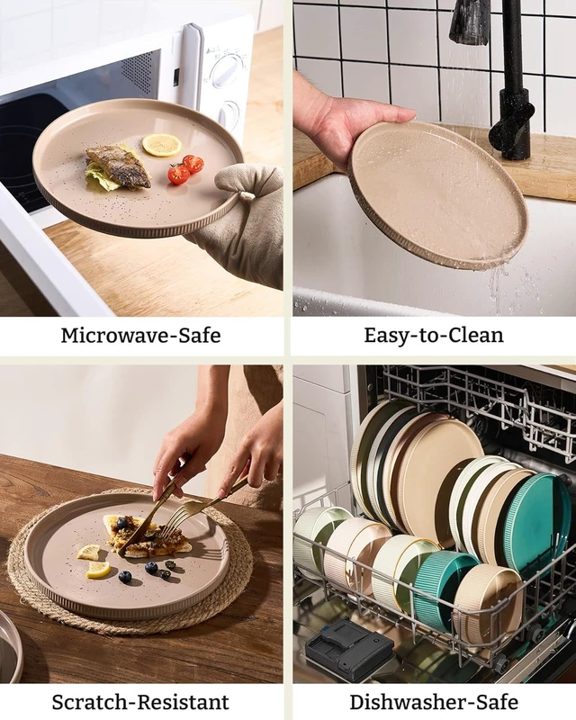 Alt view image 5 of 7 - Ceramic Plates and Bowls Set, Dinnerware Sets, Ribbed Dishes for 4