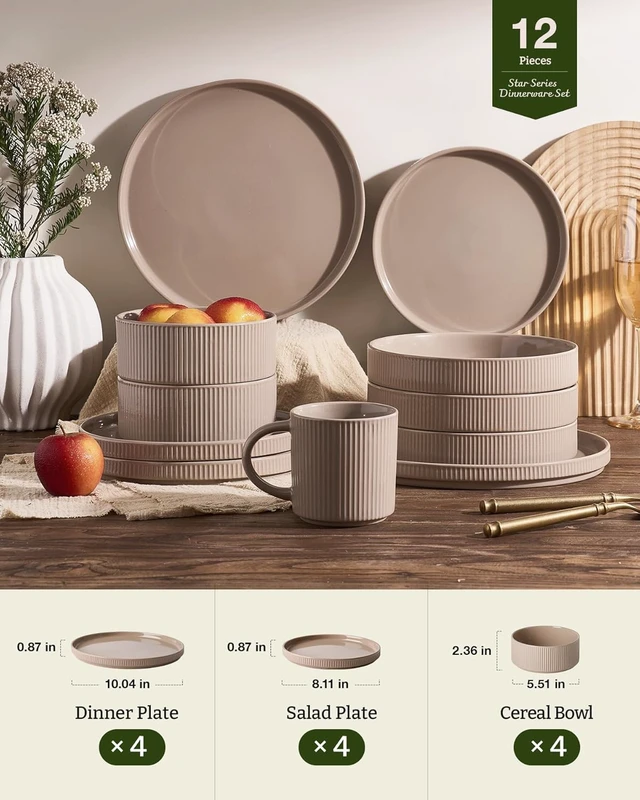 Alt view image 6 of 7 - Ceramic Plates and Bowls Set, Dinnerware Sets, Ribbed Dishes for 4