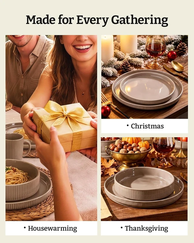 Alt view image 7 of 7 - Ceramic Plates and Bowls Set, Dinnerware Sets, Ribbed Dishes for 4