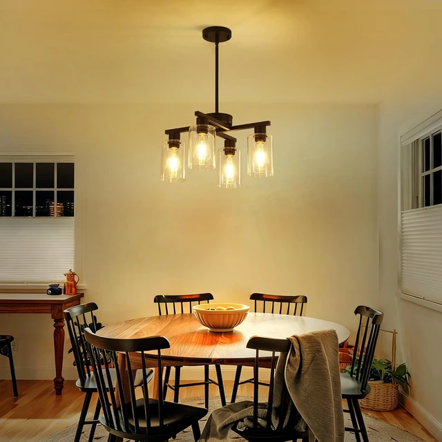 Alt view image 2 of 7 - 4-Light Modern Farmhouse Black Chandelier, Dining Room Light Fixture Over Table Adjustable Height Hanging Industrial Pendant Lights Kitchen Island, Clear Glass Shade