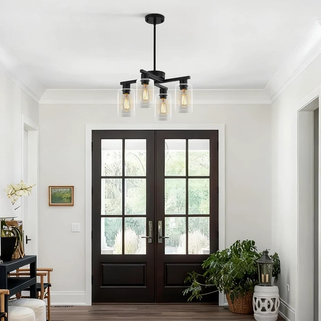 Alt view image 3 of 7 - 4-Light Modern Farmhouse Black Chandelier, Dining Room Light Fixture Over Table Adjustable Height Hanging Industrial Pendant Lights Kitchen Island, Clear Glass Shade