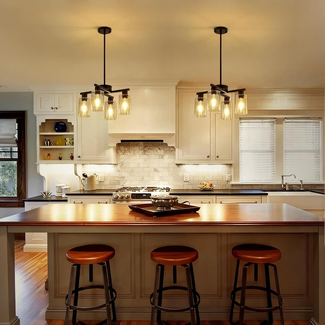 Alt view image 4 of 7 - 4-Light Modern Farmhouse Black Chandelier, Dining Room Light Fixture Over Table Adjustable Height Hanging Industrial Pendant Lights Kitchen Island, Clear Glass Shade