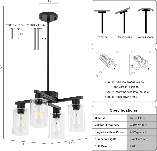 Alt view image 5 of 7 - 4-Light Modern Farmhouse Black Chandelier, Dining Room Light Fixture Over Table Adjustable Height Hanging Industrial Pendant Lights Kitchen Island, Clear Glass Shade