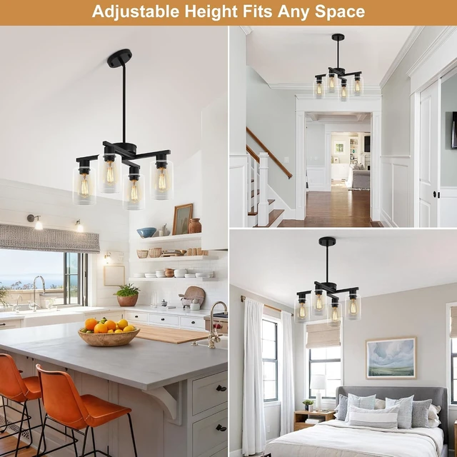 Alt view image 6 of 7 - 4-Light Modern Farmhouse Black Chandelier, Dining Room Light Fixture Over Table Adjustable Height Hanging Industrial Pendant Lights Kitchen Island, Clear Glass Shade