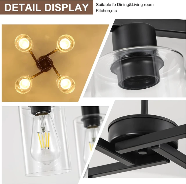 Alt view image 7 of 7 - 4-Light Modern Farmhouse Black Chandelier, Dining Room Light Fixture Over Table Adjustable Height Hanging Industrial Pendant Lights Kitchen Island, Clear Glass Shade
