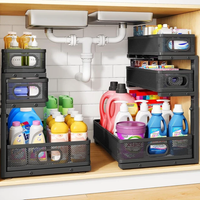 Main image of Under Sink Organizer, 3-Tier Thickened Metal Pull out Cabinet Organizer Shelf, Height Adjustable Slide out Storage Drawer Rack for Kitchen Bathroom Pantry Laundry Home Organization, 2-Pack, Black