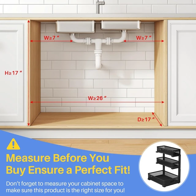 Alt view image 2 of 7 - Under Sink Organizer, 3-Tier Thickened Metal Pull out Cabinet Organizer Shelf, Height Adjustable Slide out Storage Drawer Rack for Kitchen Bathroom Pantry Laundry Home Organization, 2-Pack, Black