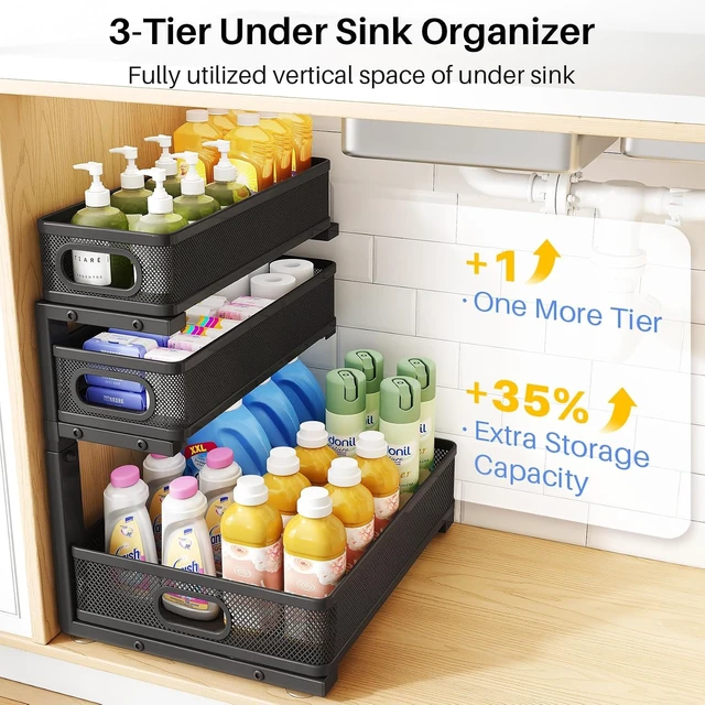 Alt view image 3 of 7 - Under Sink Organizer, 3-Tier Thickened Metal Pull out Cabinet Organizer Shelf, Height Adjustable Slide out Storage Drawer Rack for Kitchen Bathroom Pantry Laundry Home Organization, 2-Pack, Black