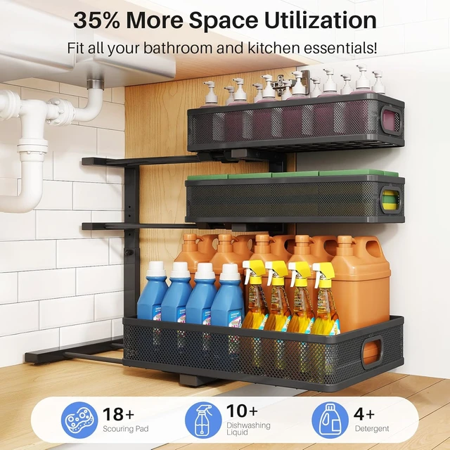 Alt view image 4 of 7 - Under Sink Organizer, 3-Tier Thickened Metal Pull out Cabinet Organizer Shelf, Height Adjustable Slide out Storage Drawer Rack for Kitchen Bathroom Pantry Laundry Home Organization, 2-Pack, Black