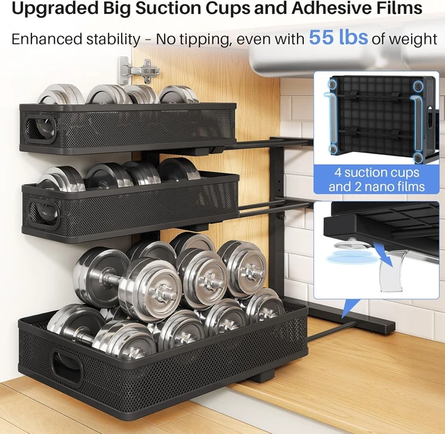 Alt view image 6 of 7 - Under Sink Organizer, 3-Tier Thickened Metal Pull out Cabinet Organizer Shelf, Height Adjustable Slide out Storage Drawer Rack for Kitchen Bathroom Pantry Laundry Home Organization, 2-Pack, Black