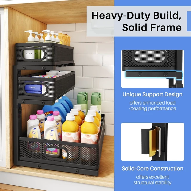 Alt view image 5 of 7 - Under Sink Organizer, 3-Tier Thickened Metal Pull out Cabinet Organizer Shelf, Height Adjustable Slide out Storage Drawer Rack for Kitchen Bathroom Pantry Laundry Home Organization, 2-Pack, Black