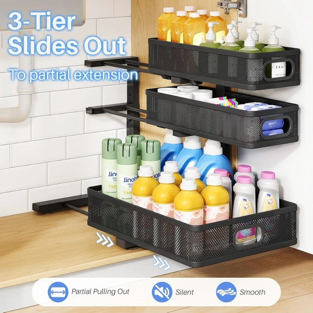 Alt view image 7 of 7 - Under Sink Organizer, 3-Tier Thickened Metal Pull out Cabinet Organizer Shelf, Height Adjustable Slide out Storage Drawer Rack for Kitchen Bathroom Pantry Laundry Home Organization, 2-Pack, Black