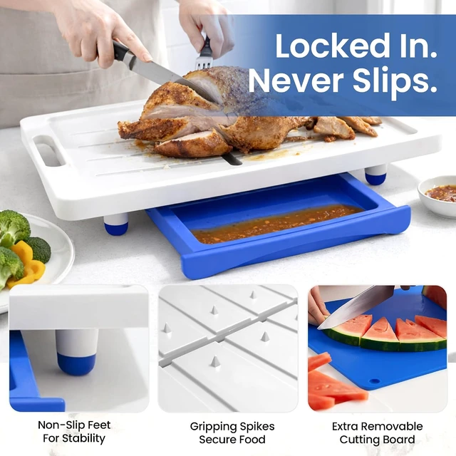 Alt view image 4 of 7 - Large Cutting Board - XL Meal Prep System with Juice Groove, Spikes, Drip Tray & Removable BPA Free Cutting Board - Patented Multi-Feature Design Carving Board - BBQ Essential & Kitchen Gifts