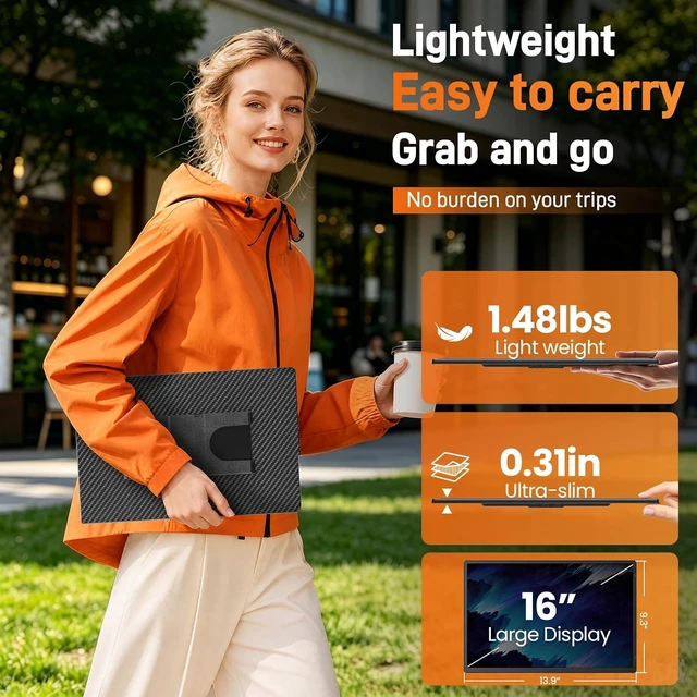 Alt view image 3 of 7 - 16" Portable Monitor for Laptop, 1200P IPS Laptop Screen Extender