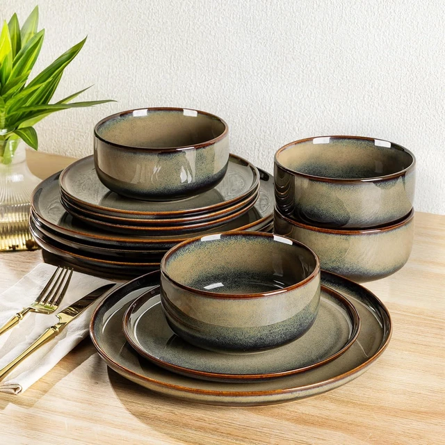 Main image of Ceramic Dinnerware Set for 4, 12-Piece Plates and Bowls Set