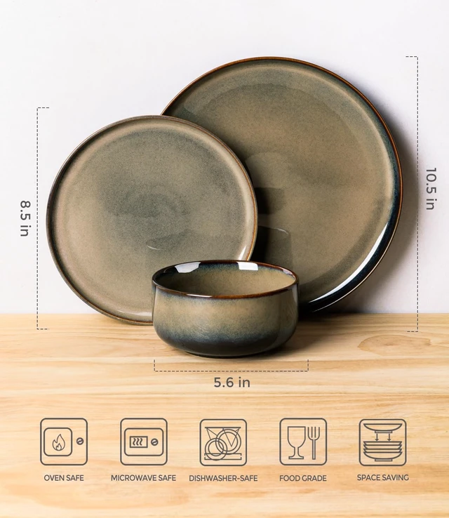 Alt view image 2 of 7 - Ceramic Dinnerware Set for 4, 12-Piece Plates and Bowls Set