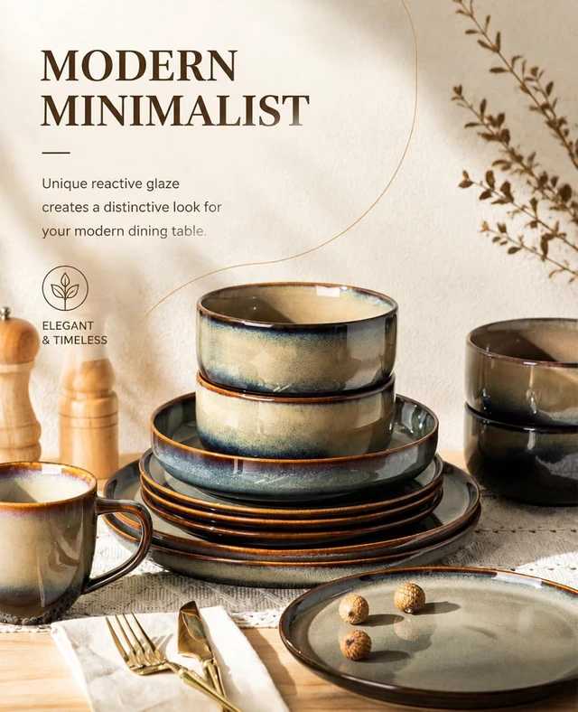 Alt view image 7 of 7 - Ceramic Dinnerware Set for 4, 12-Piece Plates and Bowls Set