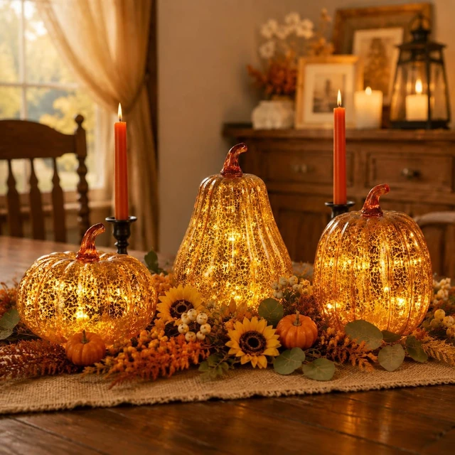 Alt view image 4 of 7 - Mercury Glass Pumpkin Light, Fall Harvest Thanksgiving Halloween Decor