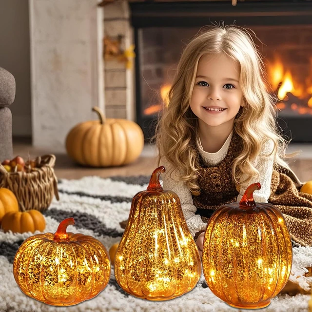 Alt view image 6 of 7 - Mercury Glass Pumpkin Light, Fall Harvest Thanksgiving Halloween Decor