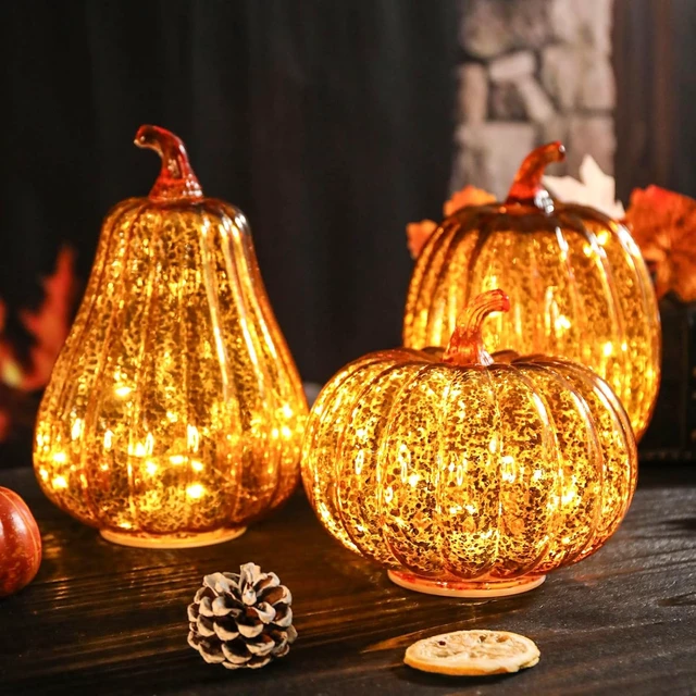 Alt view image 7 of 7 - Mercury Glass Pumpkin Light, Fall Harvest Thanksgiving Halloween Decor