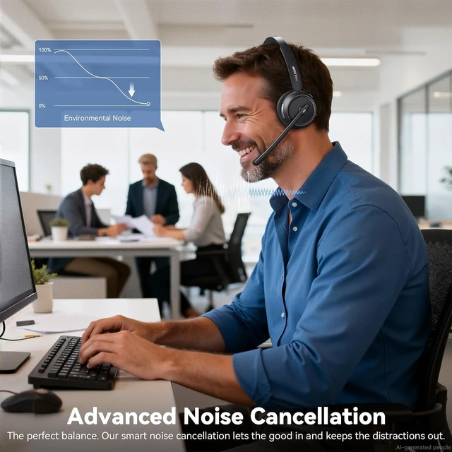Alt view image 2 of 7 - Wireless Headset with Mic for Work, Bluetooth Headset with Microphone Noise Cancelling & Mute Button, 65H Talk Time, Comfortable Wireless Headsets for Work/Call Center/Computer/Laptop/Calls