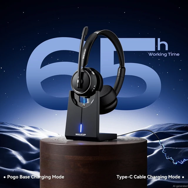 Alt view image 5 of 7 - Wireless Headset with Mic for Work, Bluetooth Headset with Microphone Noise Cancelling & Mute Button, 65H Talk Time, Comfortable Wireless Headsets for Work/Call Center/Computer/Laptop/Calls