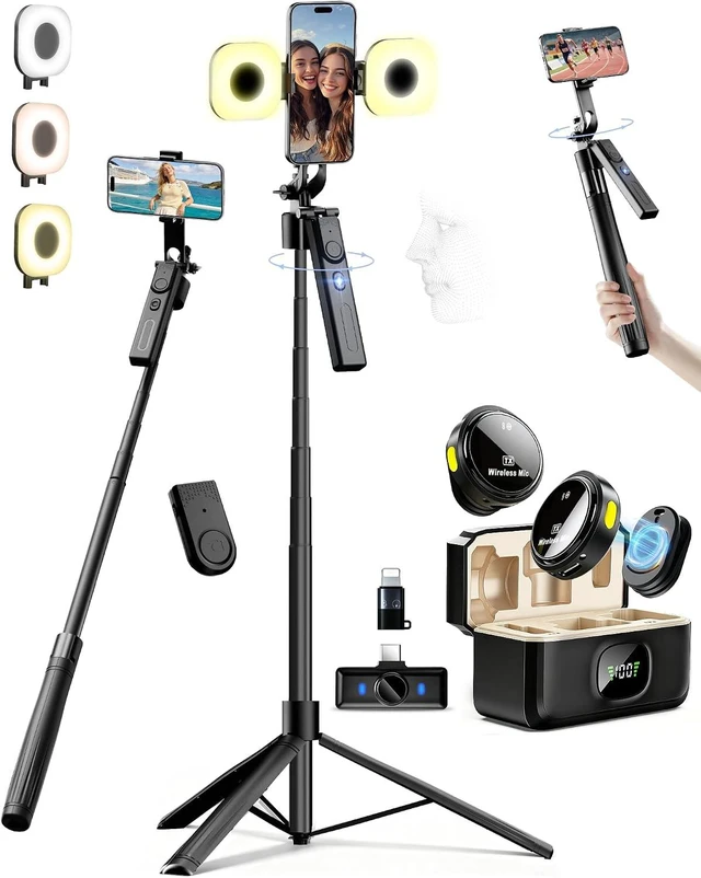 Main image of Content Creator Essentials Vlogging Kit for iPhone/Android, 75" Auto Face Tracking Tripod for iPhone with Light & 30H Battery Life Wireless Microphones & Remote for YouTube Starter Kit Video Recording