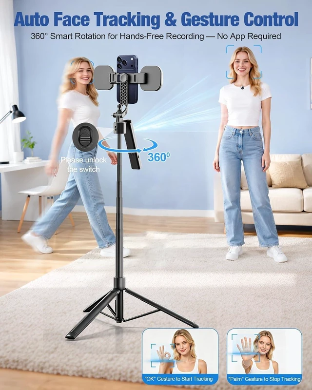 Alt view image 2 of 7 - Content Creator Essentials Vlogging Kit for iPhone/Android, 75" Auto Face Tracking Tripod for iPhone with Light & 30H Battery Life Wireless Microphones & Remote for YouTube Starter Kit Video Recording