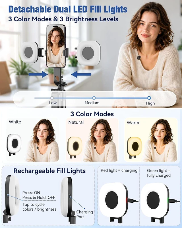 Alt view image 5 of 7 - Content Creator Essentials Vlogging Kit for iPhone/Android, 75" Auto Face Tracking Tripod for iPhone with Light & 30H Battery Life Wireless Microphones & Remote for YouTube Starter Kit Video Recording