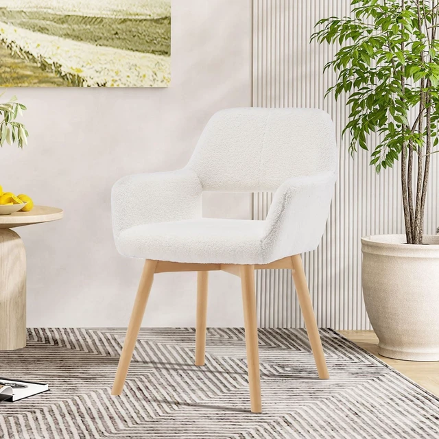 Main image of Desk Chair No Wheels Vanity Chair Makeup Chair Comfy Accent Chair for Living Dining Room Bedroom Home Office Mid Century Modern Upholstered Armchair Sofa with Wood Legs (Wool White, 1)