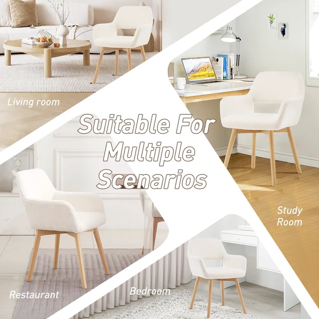 Alt view image 3 of 7 - Desk Chair No Wheels Vanity Chair Makeup Chair Comfy Accent Chair for Living Dining Room Bedroom Home Office Mid Century Modern Upholstered Armchair Sofa with Wood Legs (Wool White, 1)