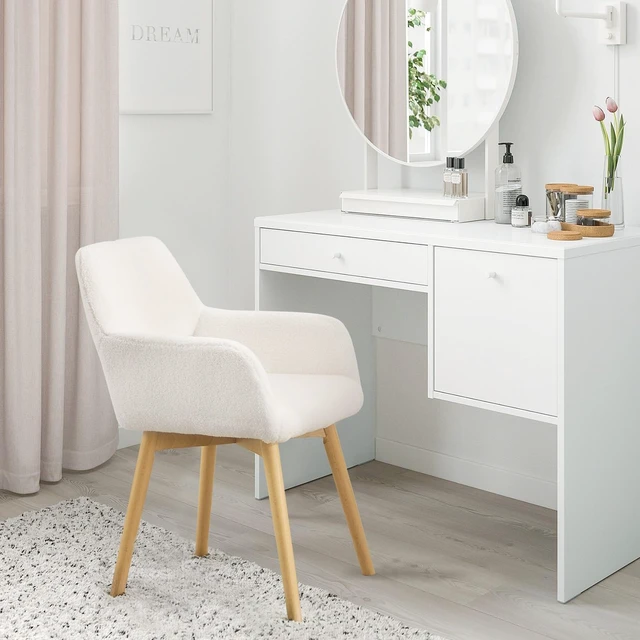 Alt view image 4 of 7 - Desk Chair No Wheels Vanity Chair Makeup Chair Comfy Accent Chair for Living Dining Room Bedroom Home Office Mid Century Modern Upholstered Armchair Sofa with Wood Legs (Wool White, 1)