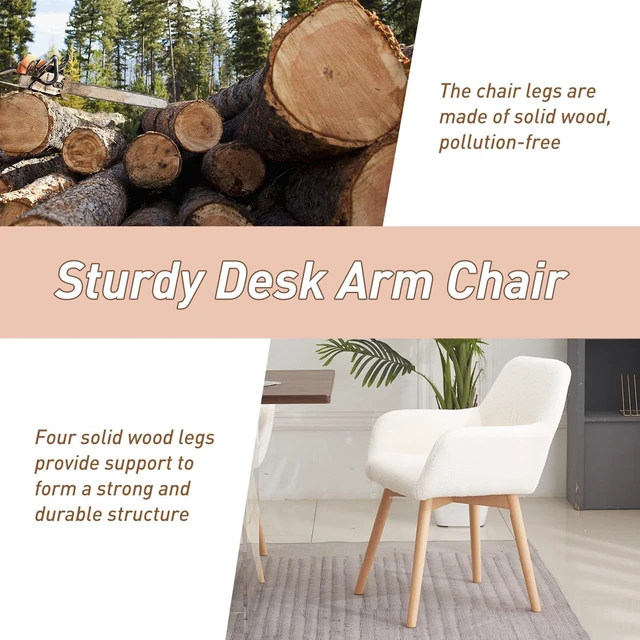 Alt view image 7 of 7 - Desk Chair No Wheels Vanity Chair Makeup Chair Comfy Accent Chair for Living Dining Room Bedroom Home Office Mid Century Modern Upholstered Armchair Sofa with Wood Legs (Wool White, 1)