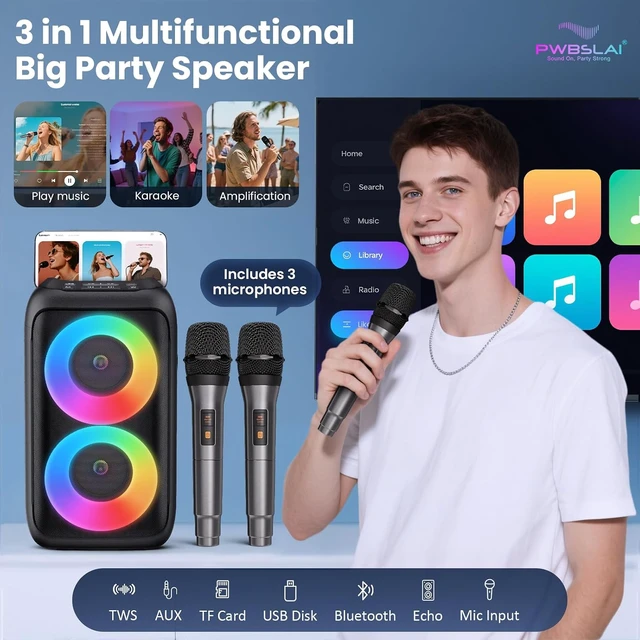 Alt view image 2 of 7 - Bluetooth Speaker and 3 Wireless Microphones Party Speaker Karaoke Machine