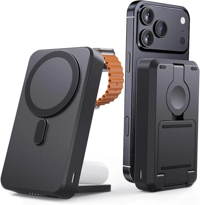 Main image of 5-in-1 Portable Charger,10000mAh Foldable Power Bank Fast Charging,MagSafe Charger Battery Pack Magnetic,Travel Wireless Charging Station for iPhone 17/16/15/14/13/12,iWatch,Air pods, Black