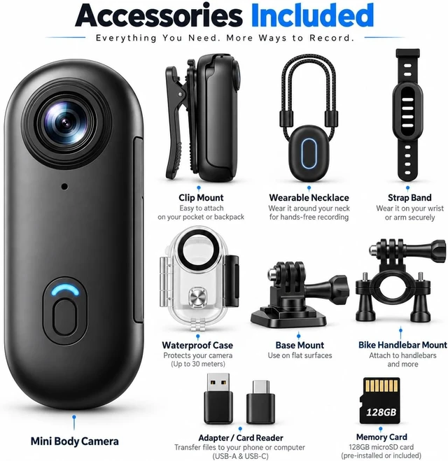 Alt view image 7 of 7 - 4K 128GB Mini Body Camera - Magnetic Thumb-Sized Action Cam with Video & Audio Recording, Hands-Free, Waterproof, Suitable for Vlog Creation, Work Record, Pet Walking, Travel Shooting & Daily Use