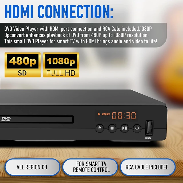 Alt view image 3 of 7 - DVD Players for TV with HDMI Port 1080P All Region HD DVD Player for Smart TV USB Input Remote Control Device, Mini DVD CD Player for Home Stereo System, HDMI and RCA Cable Included