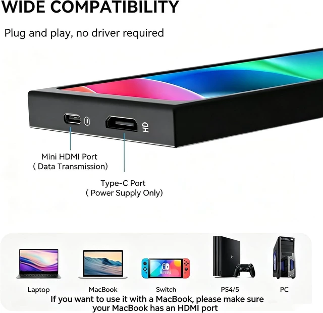 Alt view image 3 of 7 - 11.26" Mini Monitor FHD 1920x440 Small Wide Monitor for PC Case, Stretched Bar LCD Screen IPS Display with HDMI & Type-C for Raspberry Pi Laptop CPU GPU Temperature Aida64 Monitoring