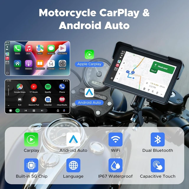 Alt view image 2 of 7 - 7" Wireless Motorcycle CarPlay Screen, IP67 Waterproof Touchscreen,GPS Navigation System,Anti-Glare for Daylight, Voice Control, Dual Bluetooth, Suitable for Harley, Kawasaki, Yamaha, etc.