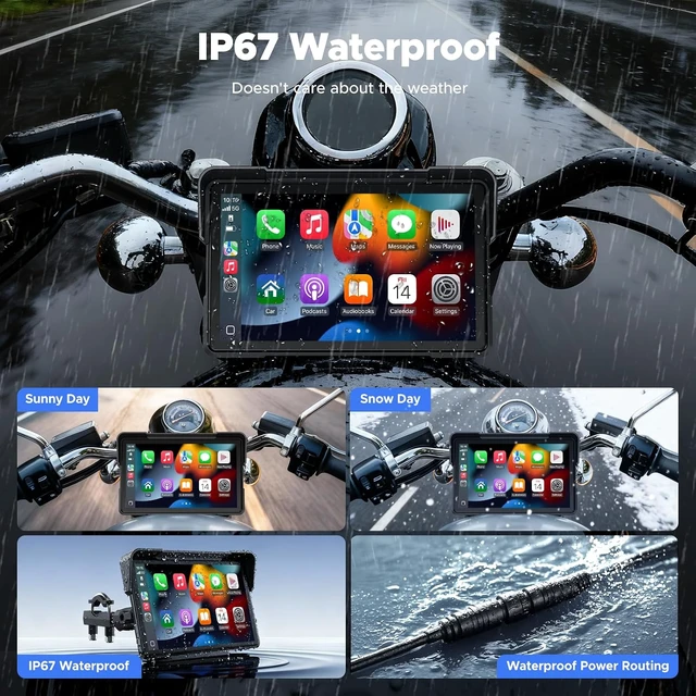 Alt view image 4 of 7 - 7" Wireless Motorcycle CarPlay Screen, IP67 Waterproof Touchscreen,GPS Navigation System,Anti-Glare for Daylight, Voice Control, Dual Bluetooth, Suitable for Harley, Kawasaki, Yamaha, etc.