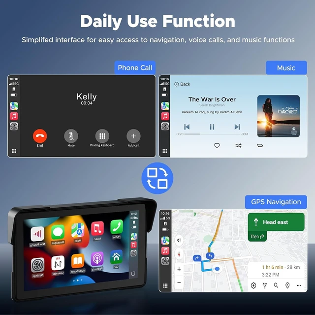 Alt view image 6 of 7 - 7" Wireless Motorcycle CarPlay Screen, IP67 Waterproof Touchscreen,GPS Navigation System,Anti-Glare for Daylight, Voice Control, Dual Bluetooth, Suitable for Harley, Kawasaki, Yamaha, etc.
