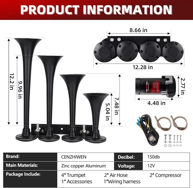 Alt view image 5 of 6 - 12V Train Air Horn for Truck With 2 Compressors/4 MetalTrumpets