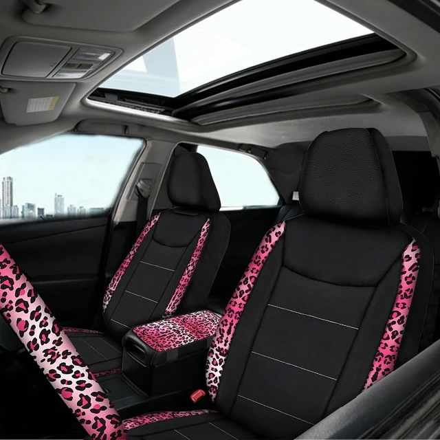 Alt view image 5 of 7 - 23 Pcs Car Seat Cover Full Set for Women,Universal Car Seat Cover, Print Printing Car Steering Wheel Cover Center Console Armrest,Sunglass Holder Accessories Full SUV (Pink Leopard Print)